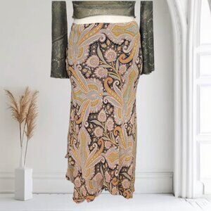 Vintage Y2K Whimsical Fairycore Asymmetric Layered Ruffled Paisley Midi Skirt L